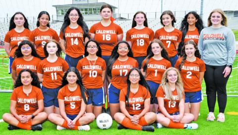 THE 2023 CALDWELL HIGH SCHOOL LADY HORNET SOCCER TEAM is, from left, front, Poala Rodriguez, Cady Aguilera, Cassandra Cazares, Gracelynn See, middle, Matilda Bautista, Emily Kubicek- West, Marissa Yanez, Ashley Rivera, Faith Vann, Adriana Stegall, back, Macelynn Smith, Mercy Chollett, Sarah Segovia, Jillyian Marco, Cadie Coston, Abilene Chism, Heer Patel and Coach Cayla Golson. -- Photo courtesy of Dianne Pursch Photography