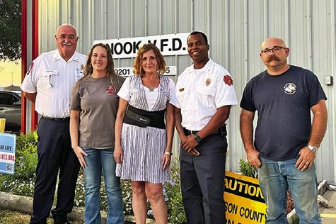 GRETCHEN LIVENGOOD VISITED the Snook VFD to thank the first responders she credits with saving her life after a July 29 crash left her hospitalized. Tribune photo by Sabine Lazo