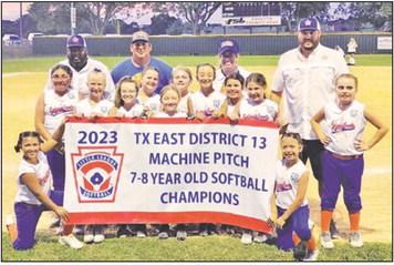 BC Machine Pitch 7-8 Year Old Softball All-Stars THE BURLESON COUNTY 7-8 year old machine pitch softball All-Stars won the Texas East District 13 tournament championship. The team includes Carly Sheppard #1, Braely Polasek #6, Karlee Praesel #3, Avery Balboa #9, Blakely Kemper #13, Bailey Barnes #00, Cambree Johnson #23, Kinzleigh Ortega #99, Jesenia Herrera #40, Marley Kocurek #14, Sheyanne Simons #8, and Olivia Zamora #75. They are coached by Robert Polasek, Adrian Sheppard, Jana Johnson, and Flo Ortega.