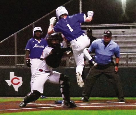 JAKE HIBBELER OF Caldwell tags this Navasota player at home plate. The Hornets lost their district opener 5-2. Tribune photo by Roy Sanders