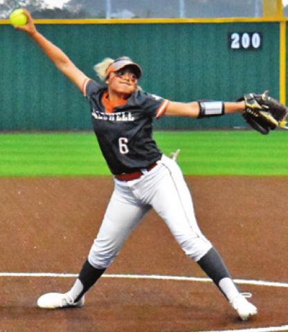 CALDWELL SENIOR Mercede Rodriguez pitches against Franklin during the Lady Hornets’ bi-district playoff series in Navasota.