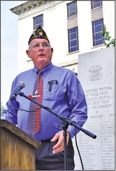 FRANKLIN KARASEK addresses the crowd at theMemorial Dayceremonyat theBurleson County War Memorial at the county courthouse. -- Tribune photo by Roy Sanders