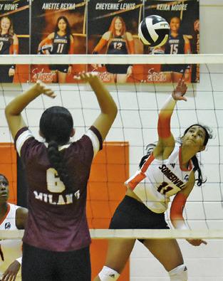 ANETTE REYNA gets a kill against Milano last Friday in the Lady Yeguas’ win. Tribune photo by Roy Sanders