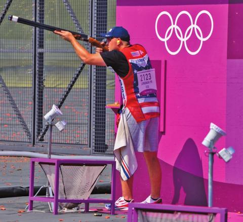 CALDWELL’S PHILLIP JUNGMAN shoots during the second day of the qualification round for Men’s Skeet Shooting at the 2020 Tokyo Olympics. -- Photo courtesy of the U.S. Army Marksmanship Unit
