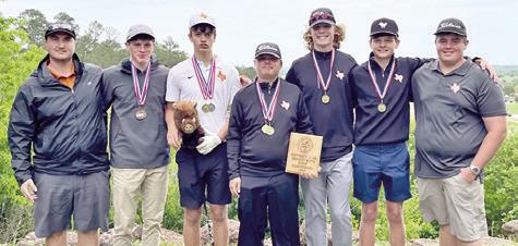 THE CALDWELL BOYS team includes, from left, Coach Jacob Schaefer, Nathan Scott, Grant McManus, Sam Waldrip, Harrison Novak, Cobey Mc-Culler and Brayden Hitzman. The team won the district title.