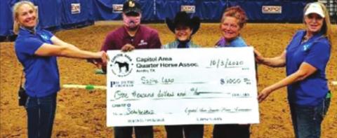 SABINE LAZO was recently awarded the Don Blazer Memorial Scholarship by the Capitol Area Quarter Horse Association. Pictured are Jessica Twohig, Sal Lazo, Lazo, Kelly Lazo and Janine Hess.