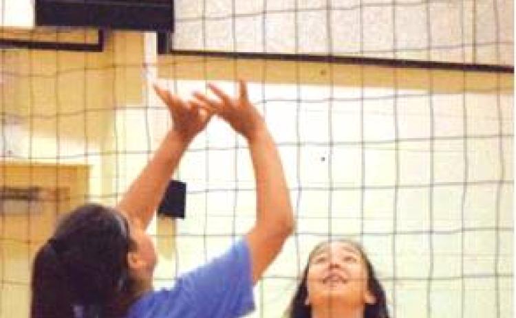 THESE TWO VOLLEYBALL players participated in a drill at the Somerville Volleyball Camps. -- Tribune photo by Denise Hornaday