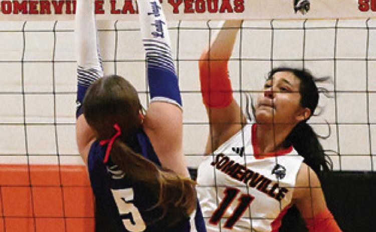 ANETTE REYNA gets one of her 15 kills against Snook last Tuesday night. Tribune photo by Denise Squier