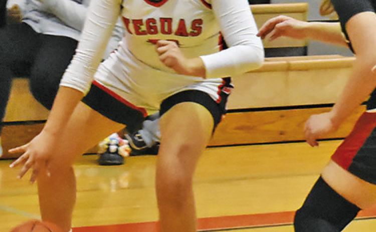 VIVIANNA MUNOZ dribbles down the court during the Somerville-Burton game. Tribune photo by Roy Sanders