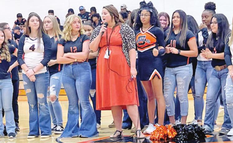 THE SOMERVILLE LADY Yeguas volleyball team greets the crowd at Meet the Yeguas event last Thursday, Aug. 19, at Yegua Gym. -- Tribune photo by Bailey Brown