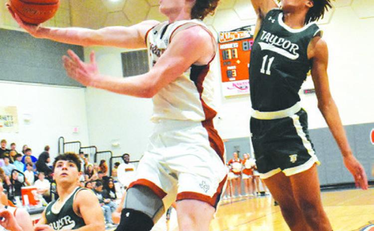 HARRISON NOVAK LEAPS high for this shot against Taylor. The Hornets fell 55-46. -- Tribune photo by Roy Sanders