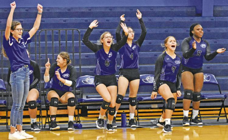 THE LADY JAY BENCH CELEBRATES the team’s home win over Buckholts last Friday 25-20, 25-19, 25-9. Snook also hosted Anderson-Shiro last Tuesday, falling 6-25, 14-25, 17-25.