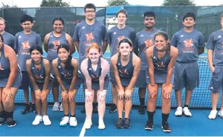 THE CALDWELL JUNIOR VARSITY tennis team played Academy in a practice match on Sept. 21. Pictured are, from left, back, Jayden Nickason, Irvin Johnson, Isabel Leyva, Nicholas Rutherford, Christian Rogers, Juan Romero, Alejandro Zapata, Clayton Ferrell, front, Daniella Silos, Marily Reyes, Judith Reyes, Hope Savage, Faith Vann and Skylinn Johnson.