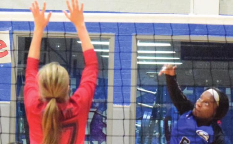 SNOOK’S BREANNA LOUIS hits the ball over a McDade blocker during the Lady Jays’ district win last Friday afternoon at home.