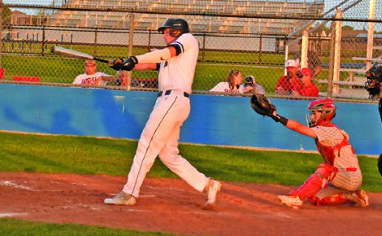 BRAYDEN MACIK OF the Snook Bluejays bats against Burton last Friday in Snook. Tribune photo by Roy Sanders