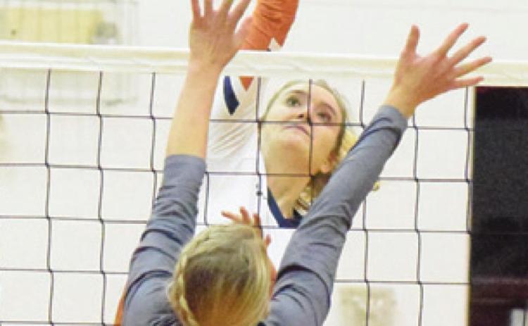 ELIZABETH SEE led Caldwell with 18 kills in their area match against McGregor last Tuesday. -- Tribune photo by Denise Hornaday