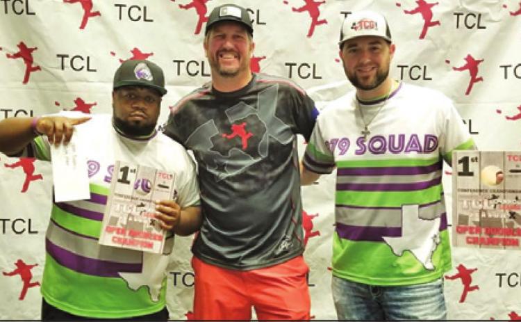 CALDWELL’S A.J. SIMS (LEFT) and Josh Groce (right) recently won the Texas Cornhole League (TCL) State Championship in the Open Doubles division for the third consecutive year. They will begin defending their American Cornhole League title next month.