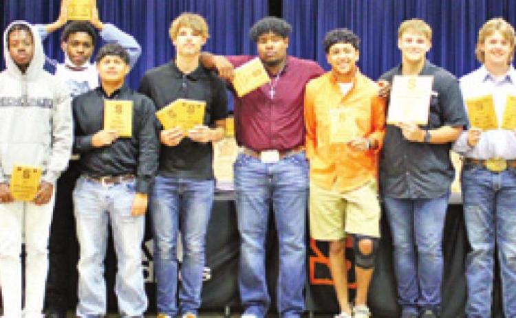 SOMERVILLE HIGH BOYS award winners included, from left, Verkoby Woodberry, Andrew Vasquez, Dameon Bryant, Javen Henderson, Isaac Sanchez, Johnny Legg, Caden Espinoza, Victor Orozco, Payton Sprouse, Ross DuBois, Cullen Sablatura and Ian Teague.