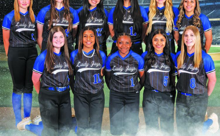 THE 2025 LADY JAY SOFTBALL TEAM is, from left, front Kalyn Cooper, Jazmena Perez, Braynija Pool, Lesly Vasquez-Ramirez, Kiley Price, back. Kaylie Holden, Heidi Janac, Maytte Arredondo Nino, Azul Ramos, Aubrey Becker and Marissa Batiste.