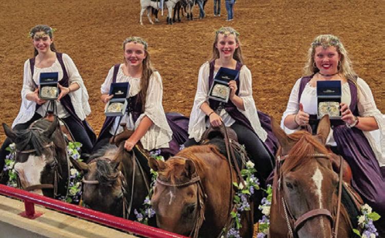 THE 2026 STATE WINNING QUAD DRILL team, consisting of Morgan Pinney, Kaylee Cooper (Burleson County), Addyson Swigert and Madison McCleney-Hardin. Photo courtesy of Samantha Cooper