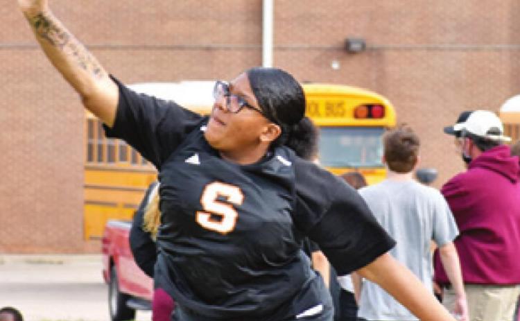 MARTASIA WATKINS of Somerville competes in the shot put at Koppers Relays.