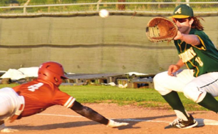 KAIN SANCHEZ DIVES back to first base as the ball is thrown.