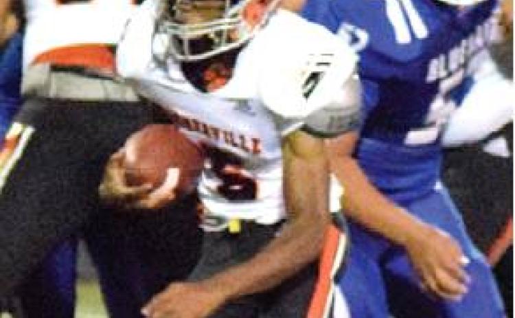 SOMERVILLE’S VERKOBE WOODBERRY runs through the line for a big gain during Friday night’s Snook-Somerville game at Allen Academy. -- Tribune photo by Denise Hornaday