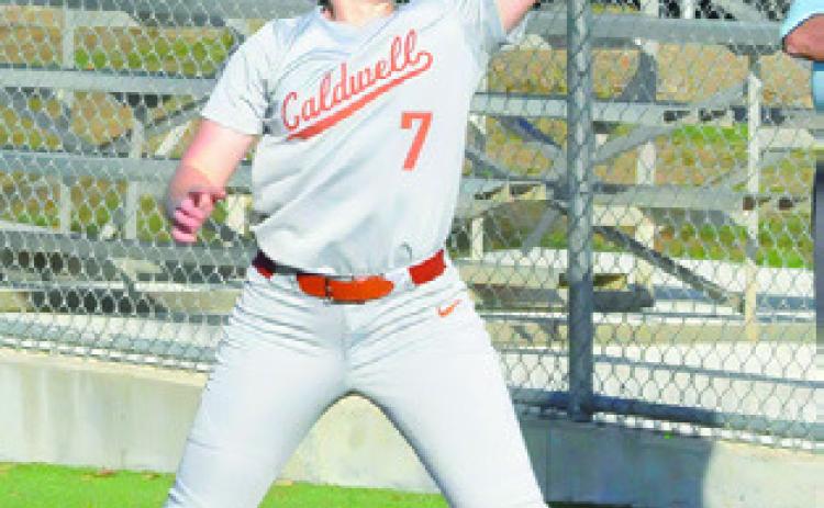 MIA WITHERWAX grabs the throw at first for a force out during the Caldwell-Lexington game last Thursday afternoon.