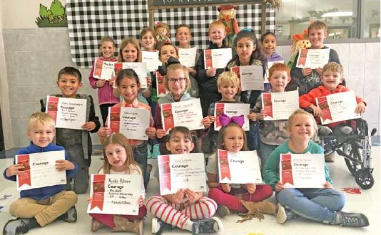 CALDWELL ELEMENTARY’S October Courage Value winners included, third grade, back row, from left, Mackenzie Wilhelm, Jenna Dodson, Jack Clements, Jake Norsworthy, Edna Bahena Bonilla, and Levi Clark; second grade, from left, Cloey Russ, Ayden Triplett, Evolett Cruz Galvan; first grade, from left, Jayden Dimas Escalante, Addison Smith, Rylee Chollett, Rhett Hartman, Korben Wolf, Kash Carter; kindergarten, from left, Ryder Seale, Kynlei Parker, Sofia Lopez, Samantha Burns and Blakely Kemper.