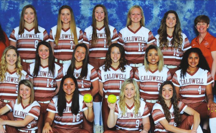 THE 2020 CALDWELL LADY HORNET VARSITY SOFTBALL TEAM is, from left, back, Assistant Coach Alysia Escalante, Bailey Long, Hailey Vess, Tess Homeyer, Paige Odenbach, Caylee Garza, Head Coach Wendy Weiss, Assistant Coach Marcus Escalante, middle, Michaela Jaster, Jacey Vykukal, Harlee Taylor, Kyleigh Gomez, Mercede Rodriguez, Aliyah Vela, front, Emerson Faust, Haile Garcia, Grace Fritcher and Alayna Hart. -- Photo courtesy of Dianne Pursch Photography