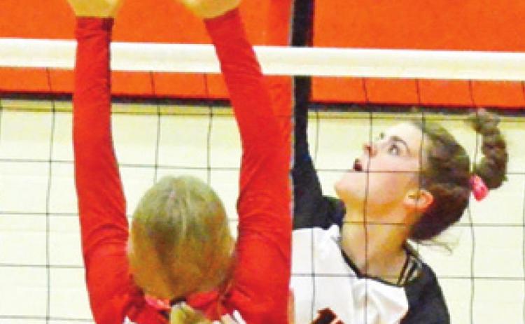 HALLE STEVENS tries to hit the ball past a Burton blocker during Somerville’s home loss to Burton last Friday night.
