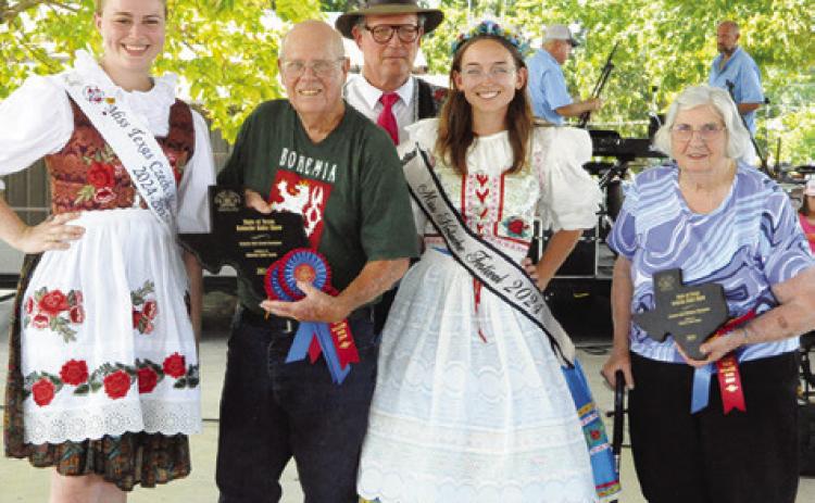 FRANKIE MUEHLSTEIN and Lydia Faust were honored as the grand and reserve champions in the Kolache Roll Division at the Kolache Festival Bake Show. Also pictured are Texas Czech Heritage Society’s 2024-25 Miss Texas Czech-Slovak Queen Madelyn Karstedt, Miss Kolache Festival 2024 Olivia Supak and Bruno Shimek. Tribune photo by Denise Squier