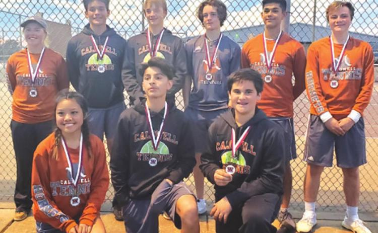THE CALDWELL VARSITY TENNIS team competed at the Waller Varsity Tennis Tournament last week. Players earning medals were, from left, back, Adolfo Gaucin, Neva Cravens, Waylon Chapman, Hayden Cirilo, Isaac Salazar, Luke Chaplin, front, Kym Le, Nico Lucero and Connor Hughson. The team will play in Cameron this Friday.