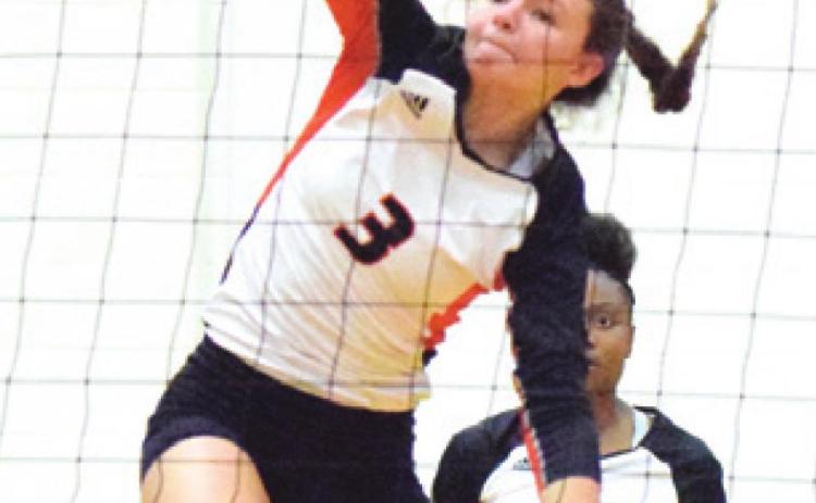 SOMERVILLE’S EMMA KOVASOVIC led the Lady Yeguas in kills against Dime Box on Friday. -- Tribune photo by Denise Hornaday