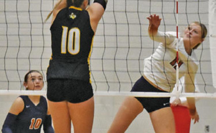 CALDWELL SENIOR Reese McManus led the Lady Hornets with 17 kills during their bi-district match against Sealy last Thursday. Tribune photo by Roy Sanders