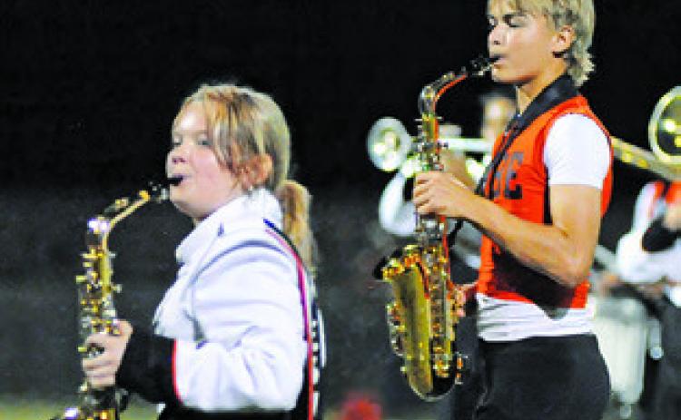 THE YEGUA BAND saxophone section jazzed up the Somerville-Iola halftime. Pictured are Amy Saxon and Jadon Moses. Tribune photo by Denise Squier