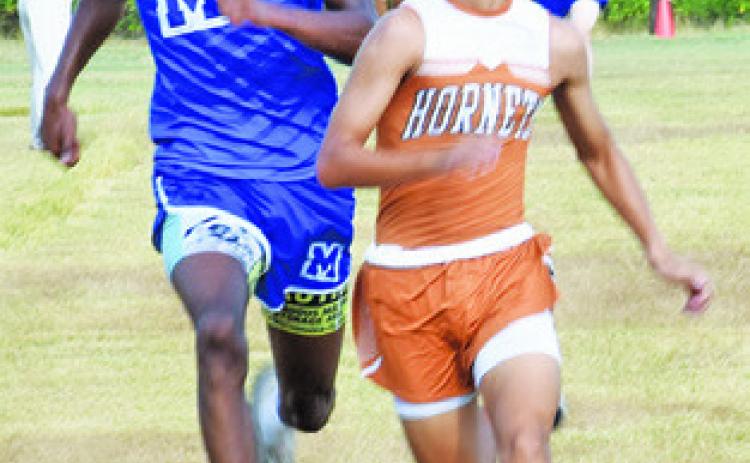 CALDWELL’S SPENCER ELLIS, right, and Mumford’s Braeden Mack fight for first place at the finish line of the high school boys race at Saturday’s Caldwell Cross Country Invitational. -- Tribune photo by Roy Sanders