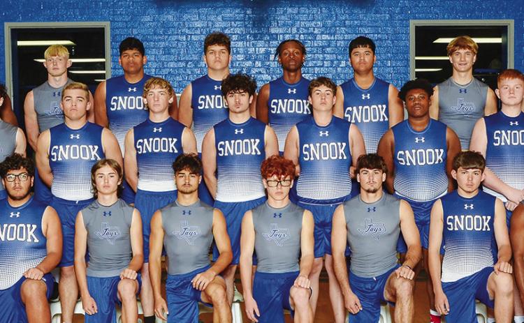 THE 2024 SNOOK BLUEJAY TRACK team is, from left, back, Ke’Treen Carter, Liam Zequiera, Noel Lara, Trey Daniels, Jeremiah Powell, Ramiro Martinez Banuelos, Silas Hetland, J Beaux Hruska, middle, Ethan Janac, Brandon Baker, Trace Huddleston, AJ Watson, Mason Hahn, Jemeriah Curry, Alex Bond, Brett Withem, front, Jacob Castaneda, Christopher Quevedo, Gabe LaCaze, Tristen Yen, Aaron Rodriguez, Jordan Price, Jensen Weaver and Domonic Hankins.
