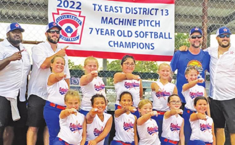 THE BURLESON COUNTY 7-YEAR-old All-Stars machine pitch softball team won the District 13 title this past weekend. The team is Carly Sheppard, Bailey Barnes, Braely Polasek, Blakely Kemper, Karlee Praesel, Jesenia Herrera, Avery Balboa, Macee Lewis, Marley Kocurek, Destinee Holliday and Sheyanne Simons. The team is coached by Robert Polasek, Nick Kemper, Adrian Sheppard and Chad Lewis.