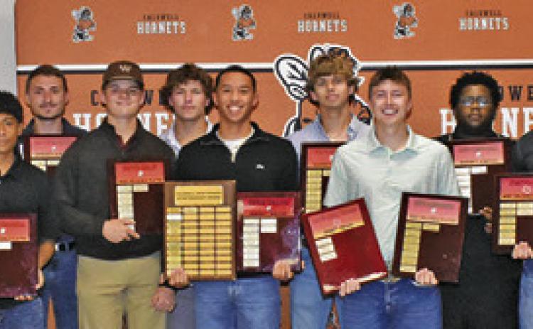THE BOYS WINNERS at the annual athletic banquet included, from left, Landon Vykukal, Spencer Ellis, Rylan Cross, Alberto Valdez, Blake Taylor, Cooper Schluens, Kaden Fritsche, Dylan Carter, Chase Faust, Cayden Zboril, Kayden Robertson, Coy Becka, Joe Walker Herman and Shane Clements.