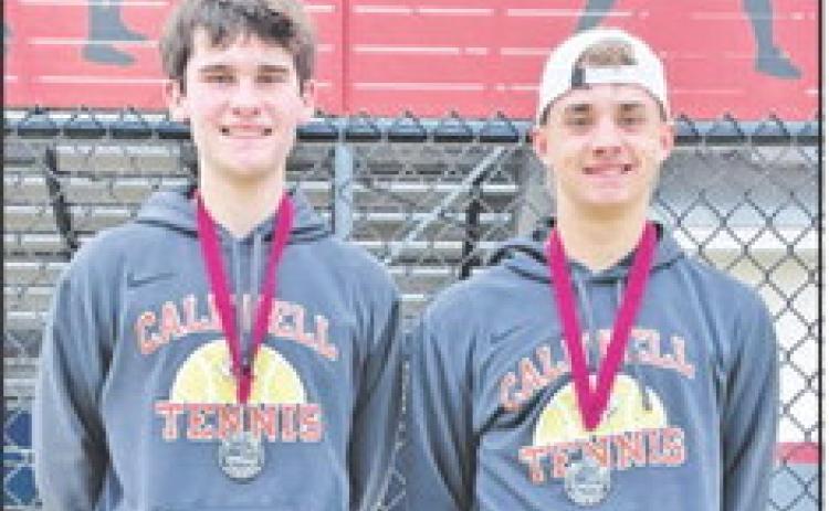 CALDWELL’S CONNER HUGHSON and Waylon Chapman placed second in A Boys Doubles at last week’s Bastrop Winter Cup.