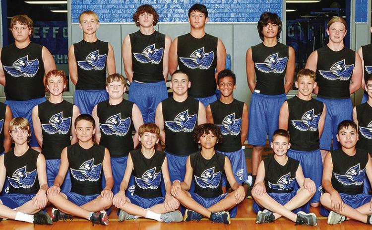 THE 2024 SNOOK BLUEJAY JUNIOR HIGH track team is, from left, back, Brent Turner, Robert Nugent, Barrett Dudensing, Brayden Macik, Kyle Gonzales, Christopher Gomez, Michael Eaton, Levi Garza, middle, Hayden Sims, Barrett Warren, Teagan Groce, Brandon Horn, Sherrond Cole, Bradley Bryant, Blake Bimmerle, front, Sebastian Arrendondo, Anthony Prince, Jesus Zacarias-Martinez, Aiden Frazier, Josue Arias, Brody Prihoda, Carlos Montalvo and Efrain Carmona.