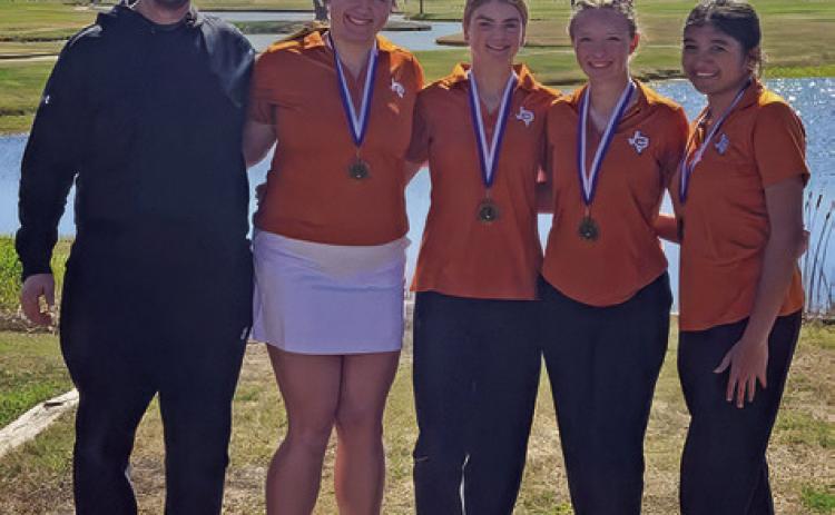 CALDWELL GOLF COACH Jacob Schaefer joins girls team members Kierstyn Macik, Jordyn Hafernick, Alexa Johnson and Patsy Pineda. The girls team placed third at the Navasota Tournament.