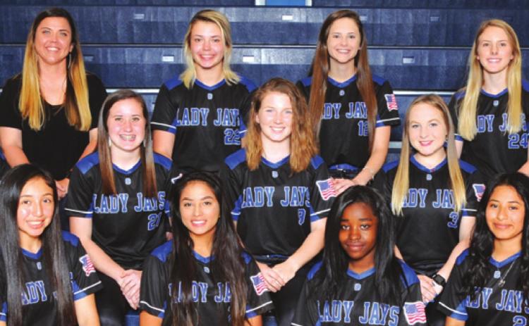 THE 2020 SNOOK LADY JAYS SOFTBALL TEAM is, from left, bottom, Paola Arredondo, Lexus Gutierrez, Latrcich Waldon, Frida Mota, middle, Emily Daigle, Avery Kovar, Kaitlyn Kindt, Leighla Strong, Carmen Miller, top, Coach Kara Rau, Jalee Baumann, Riley Green and Jaycie Brisco.