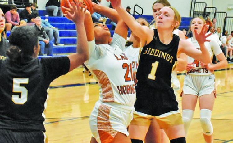 CALDWELL’S AVELYNN O’RILEY fights with two Giddings players during the Lady Hornets home loss last Friday night at Hornet Gym.
