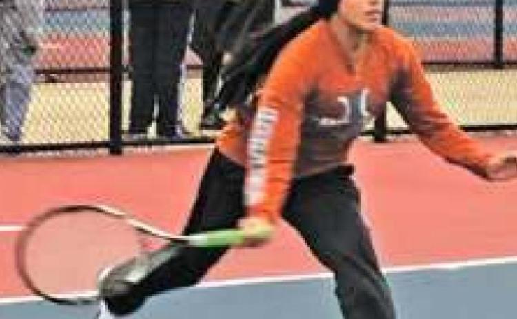 CALDWELL’S Aletza Torres runs to receive serve during a match in the Hornets’ bi-district team tennis round last Thursday.