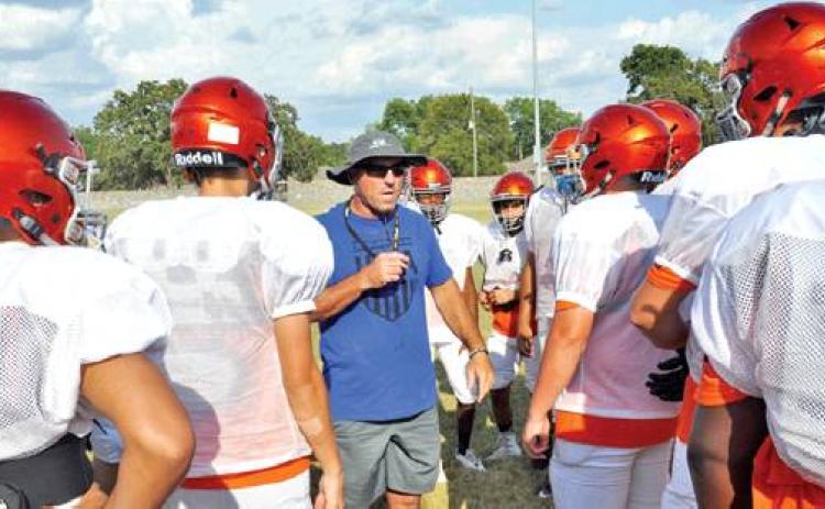 SOMERVILLE HEAD COACH Cal Neatherlin talks to his players during a recent practice session at The Rock in Somerville. Neatherlin is taking over as the Yeguas’ new head football coach for the 2019 season. -- Tribune photo by Roy Sanders