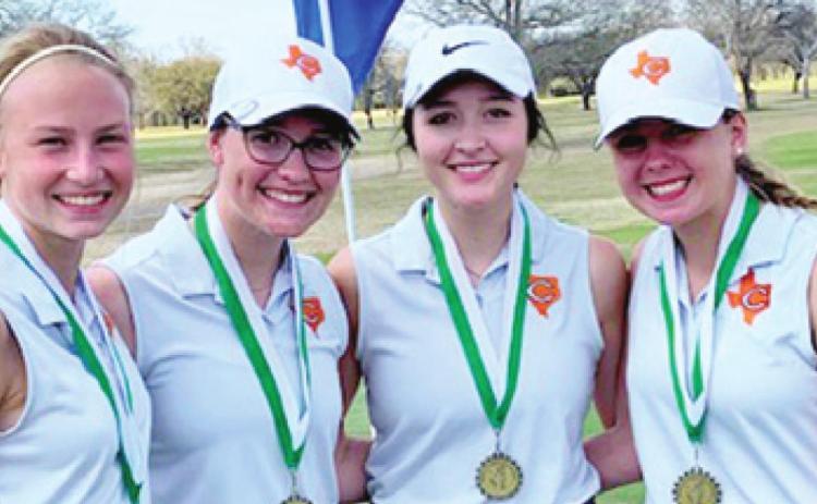 SOME LADY HORNET golfers who competed included, from left, Maegan Schneider, Hannah Blaha, Priscilla Olivarez and Rachel Novosad.
