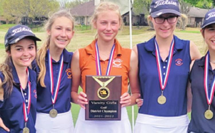 THE CALDWELL LADY Hornets team members include, from left, Kate Hill, Madilyn Schneider, Maegan Schneider, Alexis Zalobny and Ciara Coker. The Lady Hornets won the district championship.