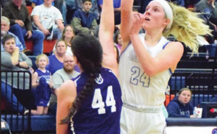 JAYCIE BRISCO shoots during the Lady Jays’ playoff game against Mason in February. Brisco was recently named to the TABC and TGCA Class 2A All-State Girls Basketball Teams. -- Tribune photo by Denise Hornaday